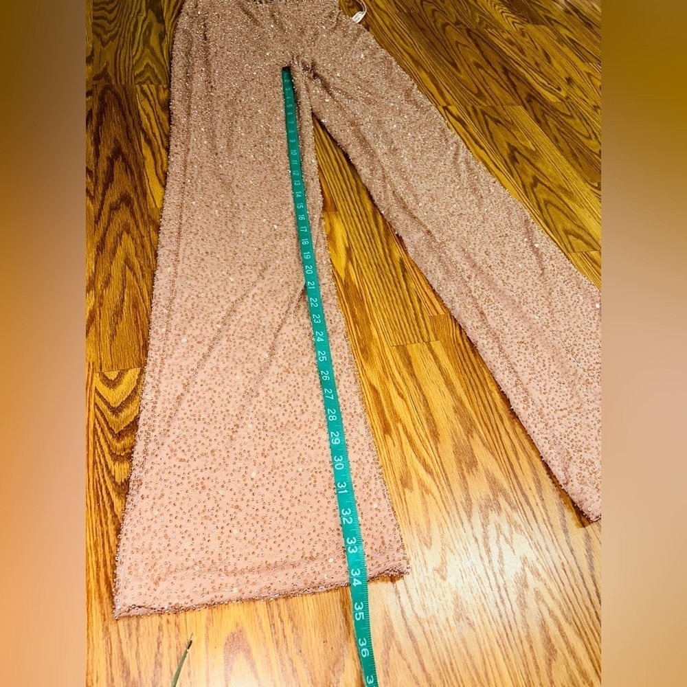 Oh Polly Embellished Plunge Neck Backless Halter Jumpsuit Beige Beaded Sequins 2 - Picture 14 of 15